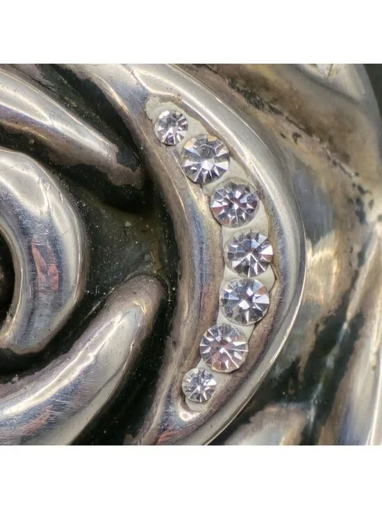 VTG Sterling Silver Electroform Rose Puffy Pendant 1.5" Rhinestones Signed - Picture 3 of 10